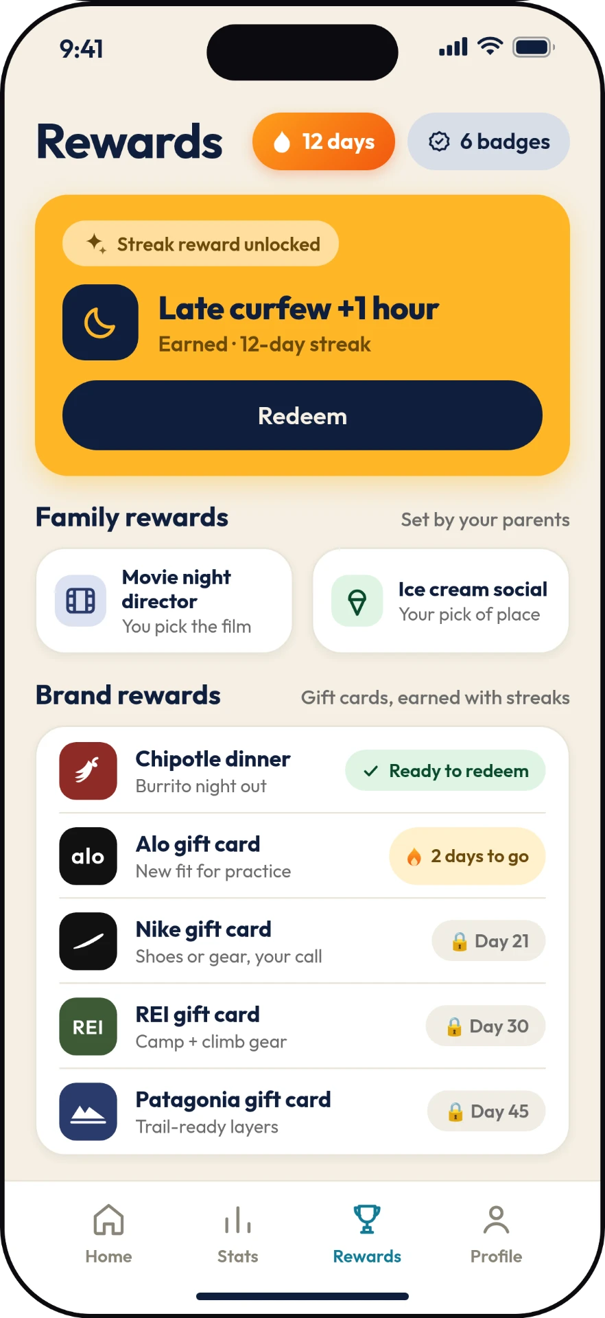 Okee rewards screen showing rewards parents pick