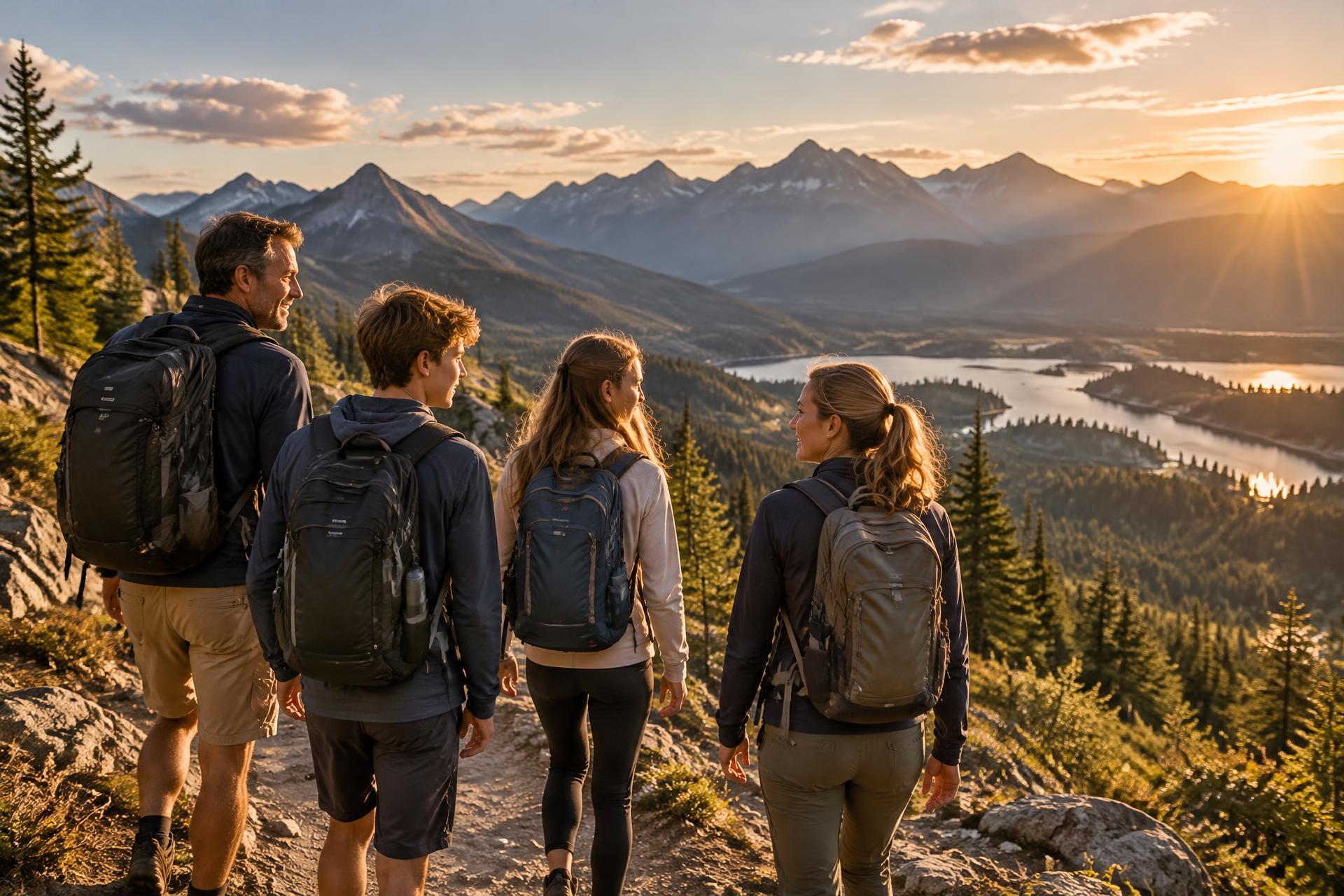 A family on a mountain hike taking in the view at golden hour