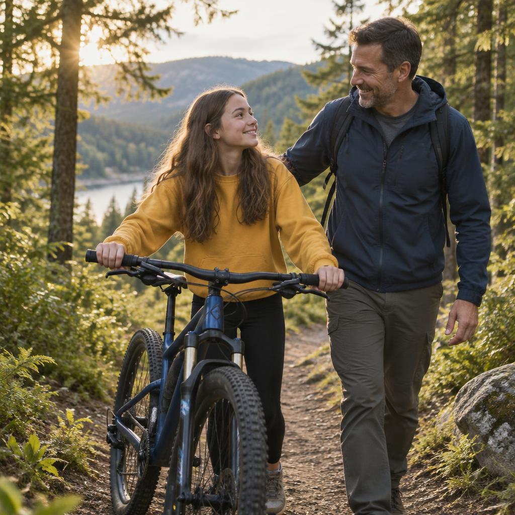 A parent and teenager enjoying time outdoors with a bicycle